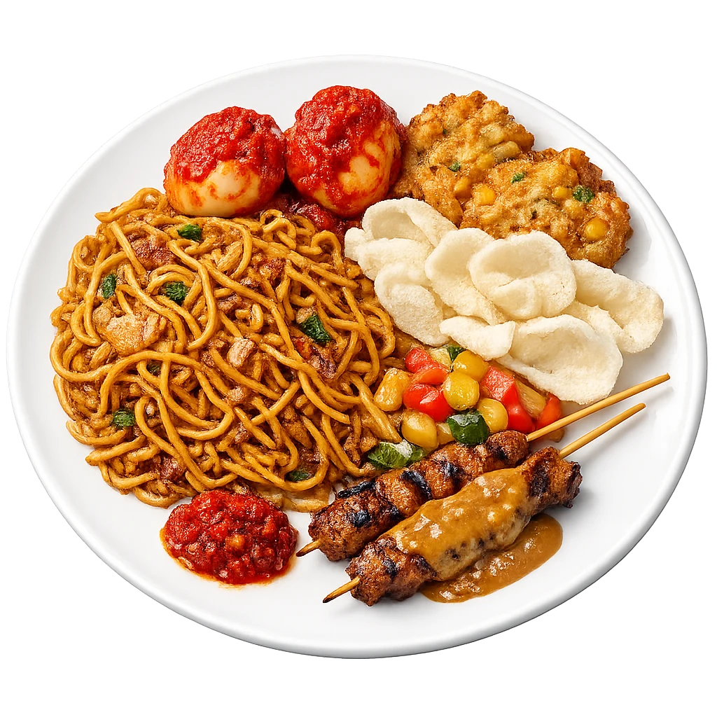 Bami goreng met saté en bijgerechten