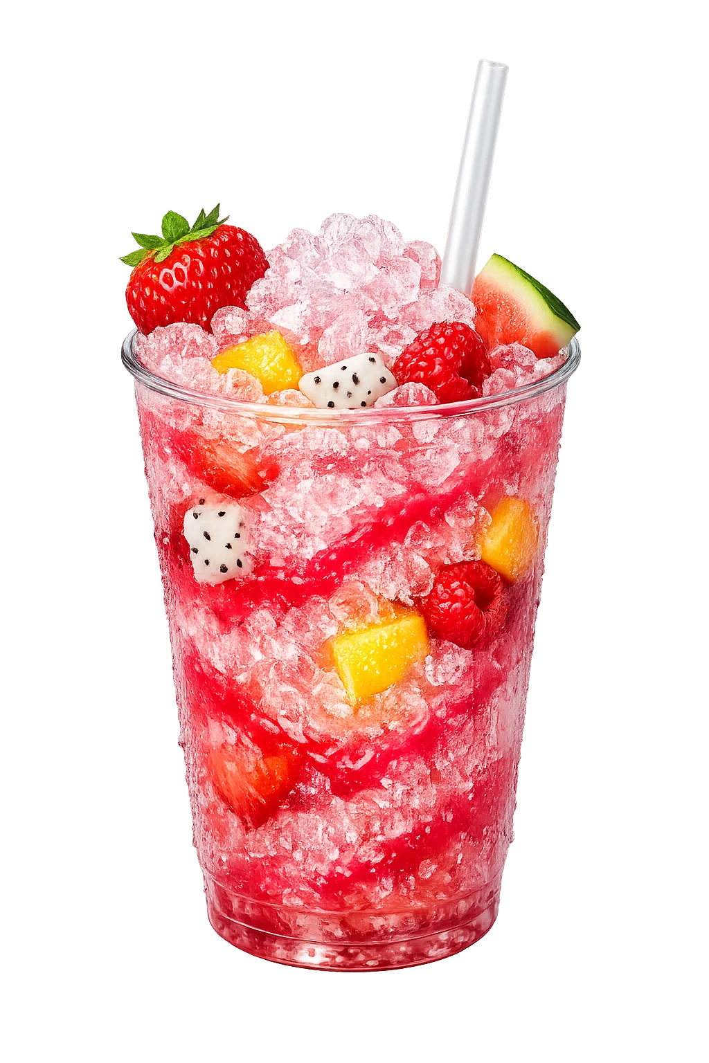 Roze iced drink met rood fruit